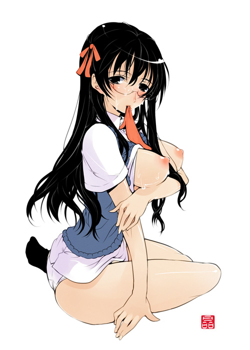 ass between_breasts black_eyes black_hair breast_hold breasts copyright_request glasses hair_ribbon large_breasts long_hair looking_back mouth_hold nipples no_bra no_pants panties ribbon school_uniform shirt_lift simple_background sitting socks solo sonobe_kazuaki sweat sweater_vest thighs underwear white_panties