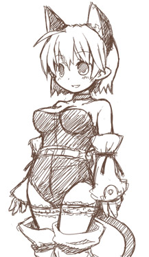 7010 animal_ears brown copyright_request lowres monochrome pointy_ears short_hair sketch smile solo tail thighhighs
