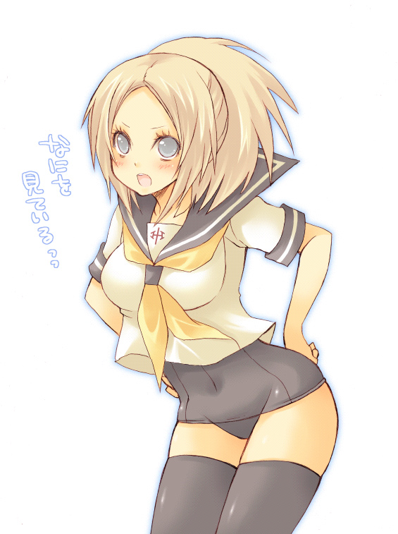 bad_id bad_pixiv_id black_school_swimsuit blonde_hair blush claymore miria_(claymore) no_pants one-piece_swimsuit pocopoco ponytail school_swimsuit school_uniform silver_eyes solo standing swimsuit swimsuit_under_clothes thighhighs translated zettai_ryouiki