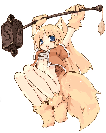 7010 animal_ears blonde_hair blue_eyes bottomless copyright_request long_hair no_panties paws solo tail