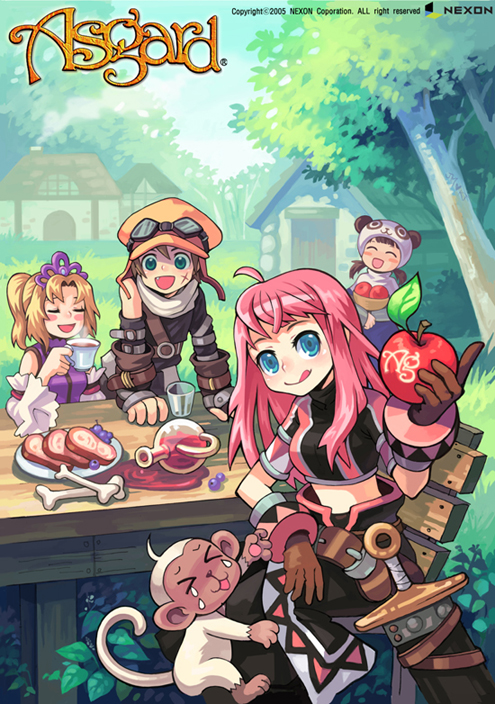 3girls apple bf._(sogogiching) copyright_request cross_scar fantasy food fruit goggles monkey multiple_girls pink_hair scar sword tongue weapon