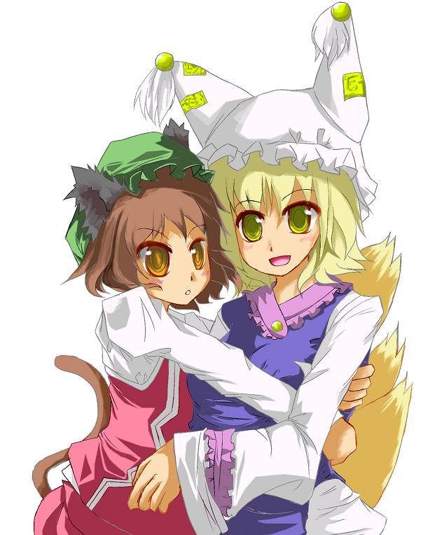 animal_ears arano_oki blonde_hair cat_ears cat_tail chen multiple_girls tail touhou yakumo_ran