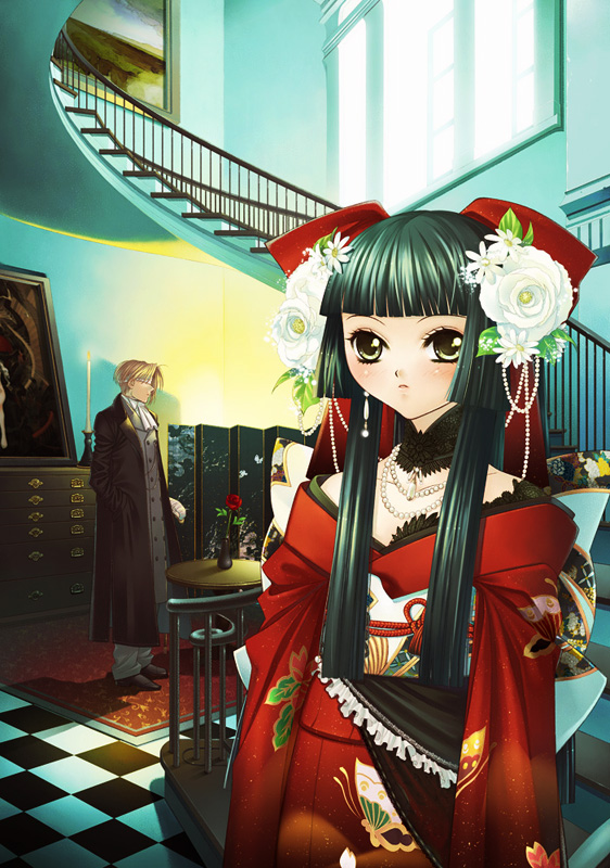 copyright_request flower green_hair hyougo_kikusuimaru japanese_clothes jewelry long_hair necklace room solo