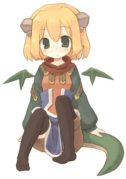 7010 blonde_hair copyright_request dragon_girl dragon_tail dragon_wings green_eyes green_wings horns lowres monster_girl solo tail thighhighs wings