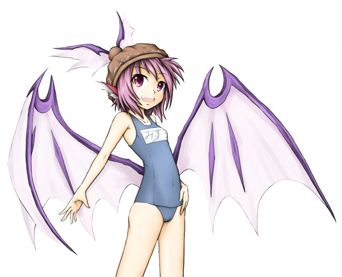 :d alternate_wings flat_chest low_wings mystia_lorelei name_tag one-piece_swimsuit open_mouth school_swimsuit simple_background smile solo swimsuit touhou white_background wings yuuhodou