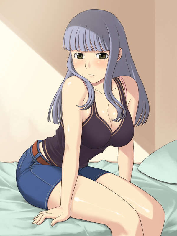 bangs bare_shoulders bed blunt_bangs breasts cleavage copyright_request denim denim_shorts large_breasts long_hair shorts silver_hair sitting solo yizumi