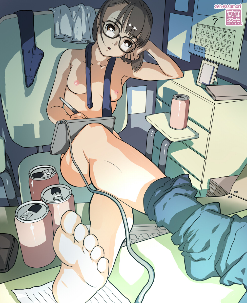 armpits barefoot breasts calendar_(object) can drawing_tablet drink feet foreshortening glasses highres legs lingerie medium_breasts nipples nude original pov_feet short_hair socks soda_can soles solo underwear yasumori_zen