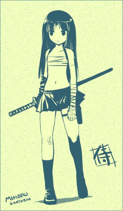 bandages copyright_request green katana ling_(cg_sky) monochrome sarashi socks solo sword weapon