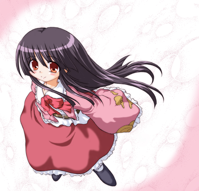 black_hair bow bowtie dress floating_hair from_above houraisan_kaguya inasaki_shirau long_sleeves looking_at_viewer looking_up red_bow red_dress red_eyes red_neckwear solo standing touhou
