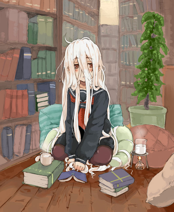 bad_id bad_pixiv_id book book_stack bookshelf burner copyright_request cup lefty10 library long_hair messy_hair pantyhose pillow plant school_uniform sitting solo teacup very_long_hair white_hair