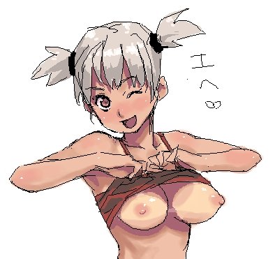 ;d bikini_tan breasts copyright_request head_tilt large_breasts looking_at_viewer lowres nipples no_bra one_eye_closed open_mouth poporon shirt_lift silver_hair simple_background smile solo tan tanline two_side_up upper_body white_background