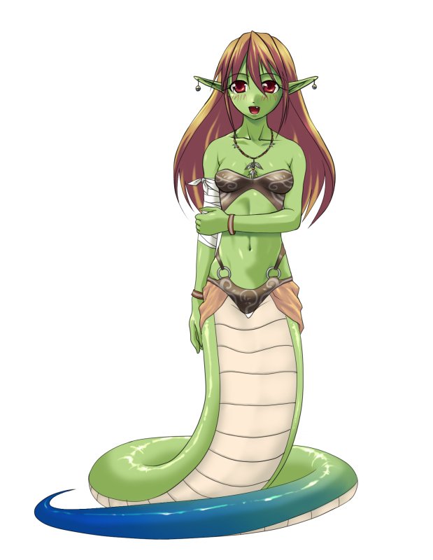 bandages copyright_request earrings fang green_skin jewelry lamia monster_girl necklace nme pointy_ears red_eyes scales solo