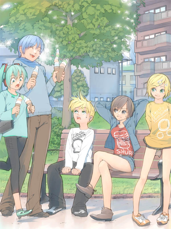 3girls akinbo_(hyouka_fuyou) bad_id bad_pixiv_id bench brother_and_sister crossed_legs day everyone food hatsune_miku ice_cream kagamine_len kagamine_rin kaito leggings meiko multiple_boys multiple_girls no_socks outdoors siblings sitting twins vocaloid