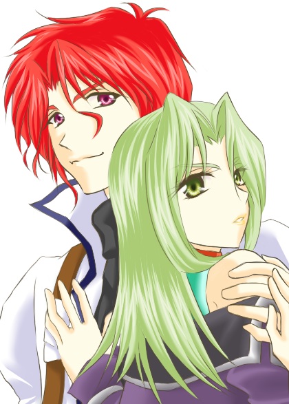 1girl artist_request axel_almer brown_eyes couple green_hair hetero hug lamia_loveless looking_afar looking_at_viewer purple_eyes red_hair simple_background super_robot_wars super_robot_wars_advance upper_body white_background yellow_eyes