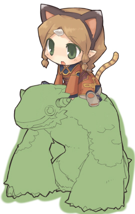 7010 animal_ears brown_hair chibi green_eyes horns lowres monster monster_farm pointy_ears riding solo tail