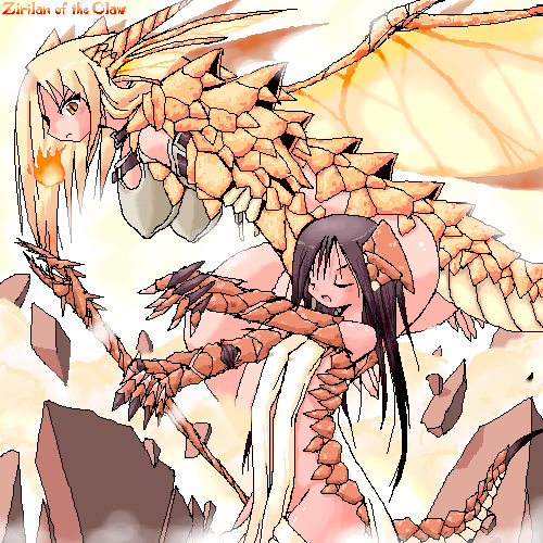 black_hair blonde_hair bottomless breasts closed_eyes covered_nipples dragon_girl dragon_wings fire flat_chest hanging_breasts horns large_breasts long_hair lowres magic:_the_gathering monster_girl multiple_girls oekaki orange_eyes staff tail wings yonezuka_ryou zirilan_of_the_claw