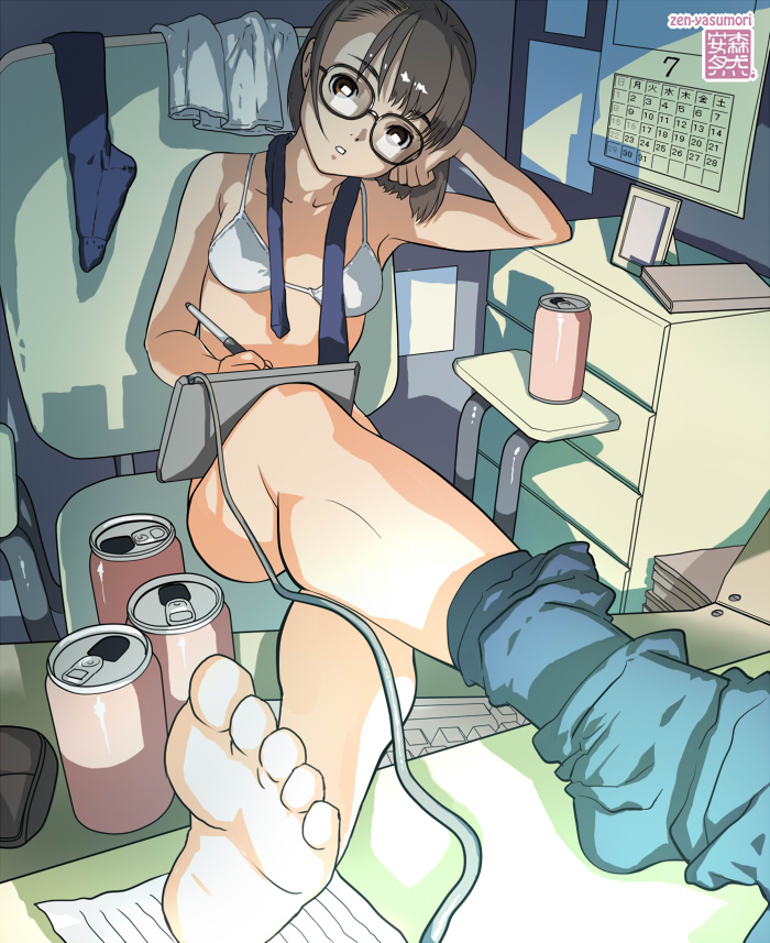 armpits barefoot bra can copyright_request crossed_legs drawing_tablet feet glasses keyboard_(computer) lingerie short_hair sitting socks soda_can soles solo toes underwear yasumori_zen