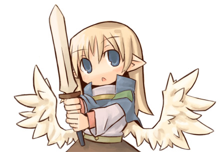 7010 blonde_hair blue_eyes copyright_request lowres pointy_ears solo sword weapon wings