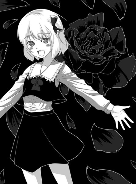 bad_id bad_pixiv_id black_flower black_rose body_mahattaya_ginga flower greyscale hair_ribbon monochrome necktie outstretched_arms ribbon rose rumia short_hair solo spread_arms symbol-shaped_pupils touhou