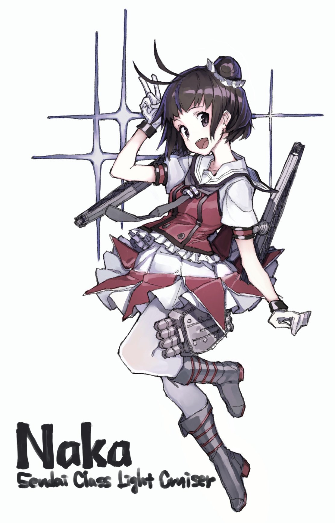 1girl air_qh antenna_hair arm_up bangs black_neckwear boots breasts brown_eyes brown_hair character_name double_bun frills full_body gloves highres kantai_collection leg_lift looking_at_viewer machinery naka_(kantai_collection) necktie open_mouth remodel_(kantai_collection) rigging round_teeth sailor_collar school_uniform serafuku short_sleeves simple_background skirt smile solo teeth torpedo torpedo_tubes v white_background white_gloves white_legwear white_sailor_collar