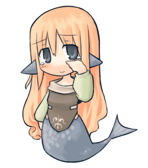 7010 animal_ears blue_eyes blush chibi copyright_request dress head_fins long_hair lowres mermaid monster_girl orange_hair scales smile solo tears white_background wiping_tears