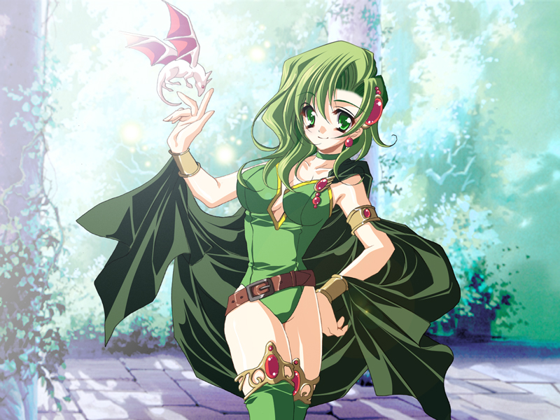 artist_request belt breasts cape cleavage final_fantasy final_fantasy_iv green_eyes green_hair green_leotard large_breasts leotard rydia solo thighhighs