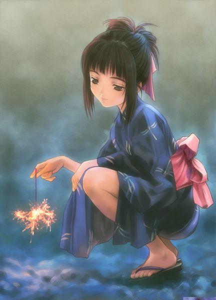 fireworks japanese_clothes kimono ribbon sparkler sparklers