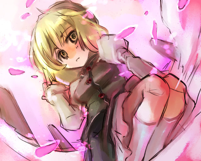 blonde_hair from_below inuinui looking_at_viewer looking_down lunasa_prismriver petals short_hair sitting sketch solo touhou yellow_eyes