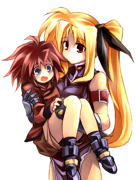 1girl armlet bare_shoulders black_dress blonde_hair buckle carrying cowboy_shot dress erio_mondial fate_testarossa kouno_hikaru long_hair looking_at_viewer lyrical_nanoha mahou_shoujo_lyrical_nanoha_strikers motherly princess_carry red_dress skin_tight twintails very_long_hair