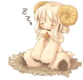 7010 bell chibi copyright_request faux_figurine horns lowres midriff monster_girl sheep sheep_girl sleeping solo