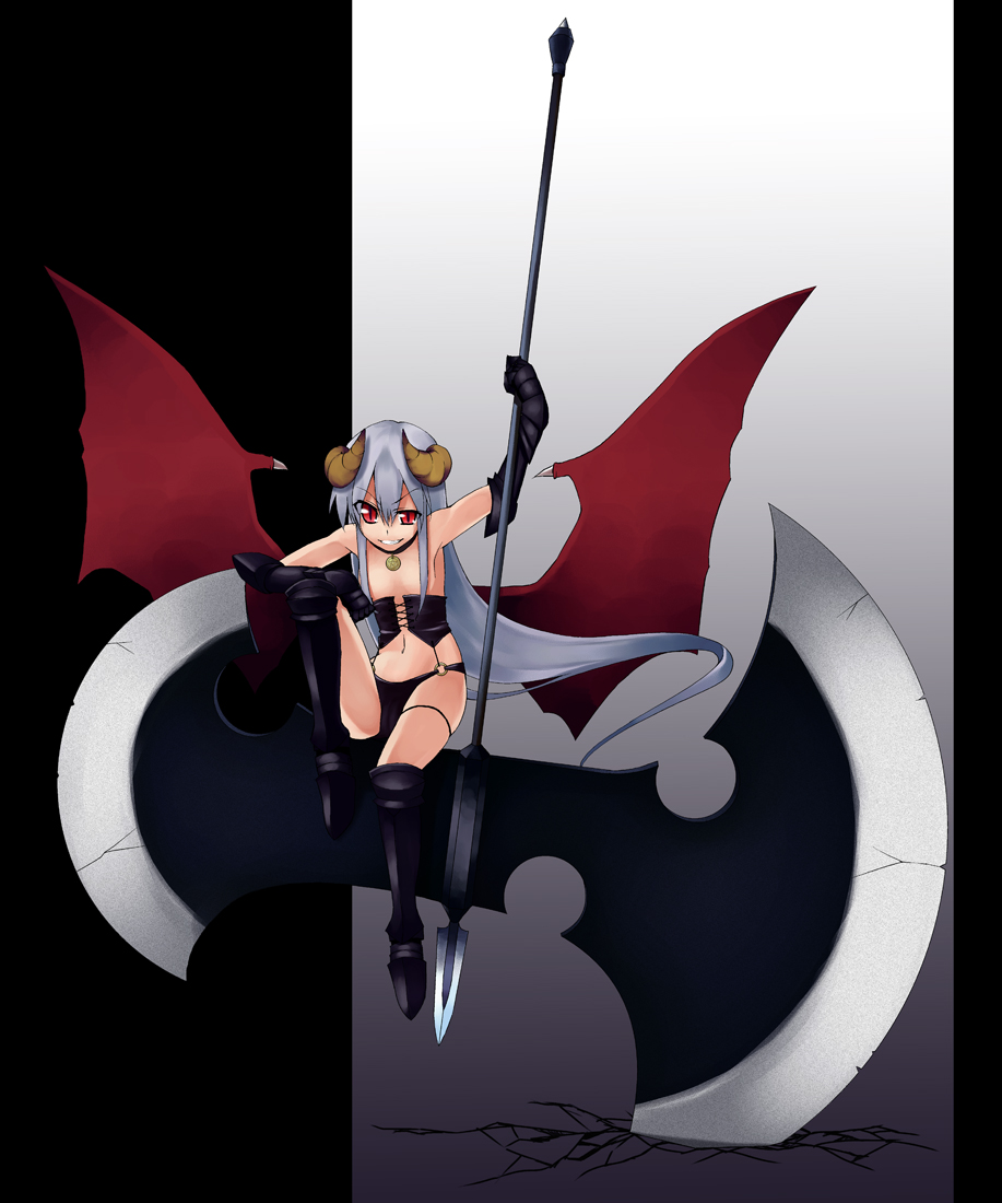 axe boots copyright_request demon_girl elbow_gloves gloves horns pangea red_eyes solo succubus weapon wings