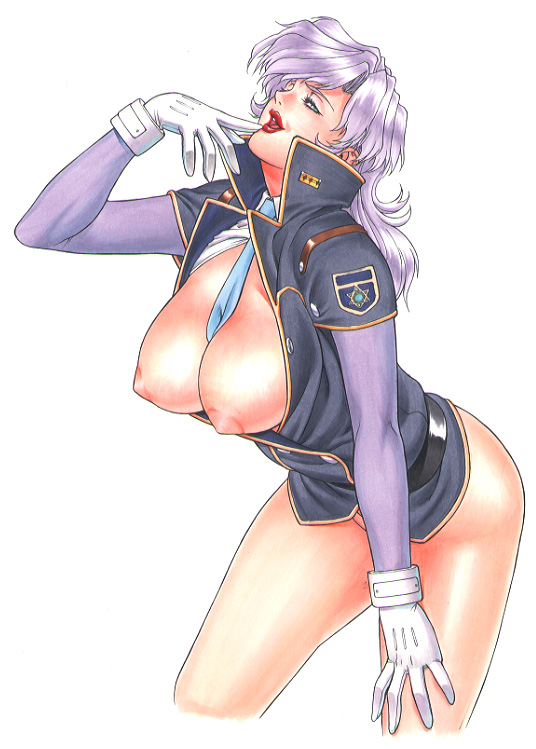 blue_eyes breasts gloves large_breasts lipstick makeup motchie necktie no_panties police purple_hair silent_moebius solo