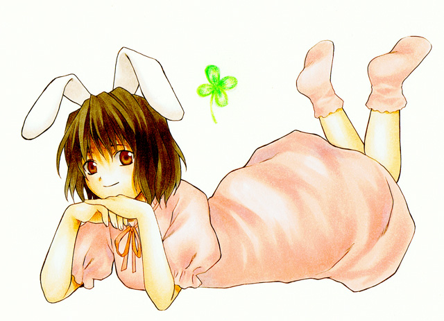 animal_ears black_hair bunny_ears clover four-leaf_clover inaba_tewi it red_eyes solo touhou traditional_media