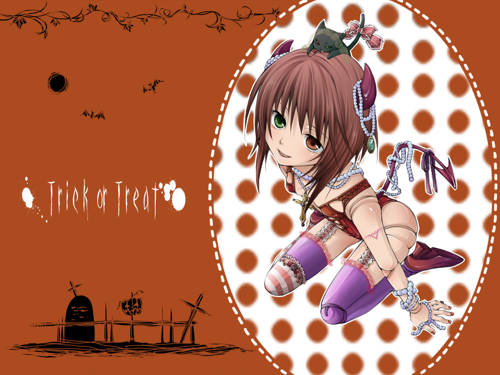 animal animal_on_head beads blush brown_eyes brown_hair cat cat_on_head cross demon demon_tail doll_joints green_eyes halloween heterochromia high_heels horns jewelry kinako_(moment) latin_cross necklace on_head orange_background purple_legwear rozen_maiden shoes short_hair smile solo souseiseki tail thighhighs tombstone trick_or_treat