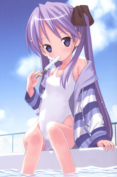 chain-link_fence cloud day eating fence flat_chest food hiiragi_kagami jacket kiira looking_at_viewer lucky_star off_shoulder one-piece_swimsuit outdoors pool poolside popsicle purple_eyes purple_hair school_swimsuit sitting skinny sky soaking_feet solo swimsuit twintails water white_school_swimsuit white_swimsuit
