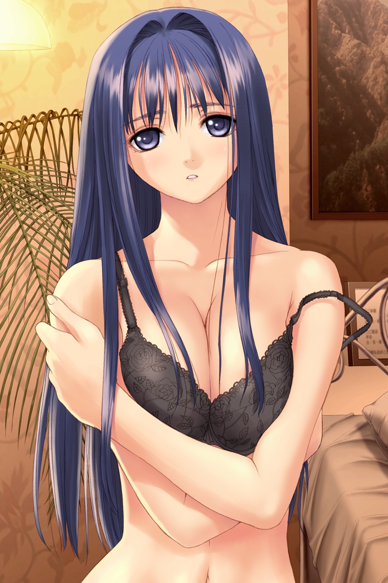 after bangs bare_shoulders bed black_bra blue_eyes blue_hair bra breast_squeeze breasts chihaya_miyuki cleavage crossed_arms floral_print game_cg hair_intakes hair_over_breasts highres holding_arm lace lace-trimmed_bra large_breasts lights lingerie long_hair looking_at_viewer navel painting_(object) parted_lips pillow self_hug sidelocks solo strap_slip tanaka_takayuki underwear underwear_only upper_body very_long_hair wide_hips