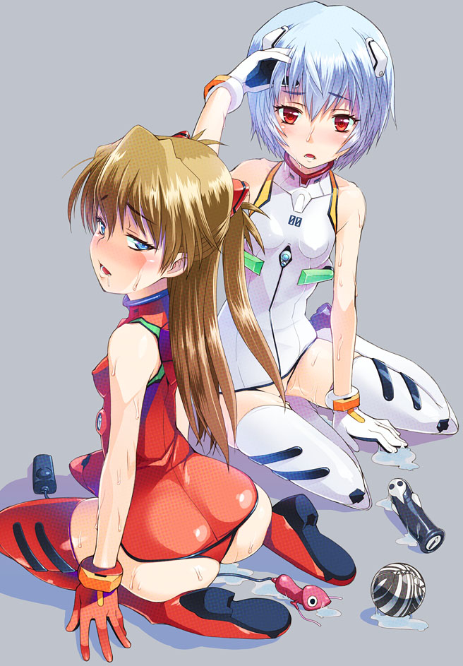 adapted_costume angel_(evangelion) arm_support asaki_takayuki ass ayanami_rei ball bangs bare_shoulders blue_eyes blue_hair blush boots bottomless bracer breasts brown_hair censored convenient_censoring covered_nipples dildo from_side gloves groin hair_between_eyes hair_censor half-closed_eyes halftone halterneck hand_on_own_head headgear leliel leotard long_hair looking_at_viewer looking_back multiple_girls neon_genesis_evangelion number open_mouth pilot_suit plugsuit pussy_juice pussy_juice_puddle raised_eyebrows red_eyes red_legwear red_leotard remote_control_vibrator sachiel saliva seiza shadow shamshel short_hair simple_background sitting small_breasts souryuu_asuka_langley sweat textless thigh_boots thighhighs turtleneck two_side_up vibrator white_legwear yokozuwari