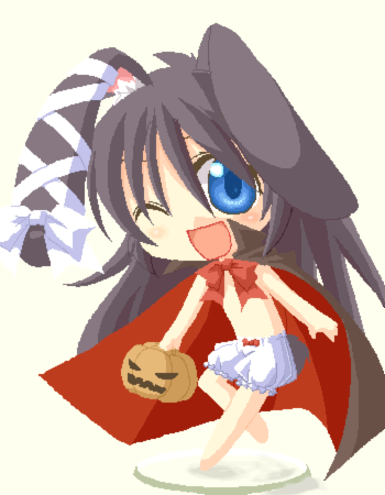 animal_ears artist_request bunny_ears cape chibi copyright_request imageboard_colors jack-o'-lantern lowres oekaki pumpkin ribbon solo