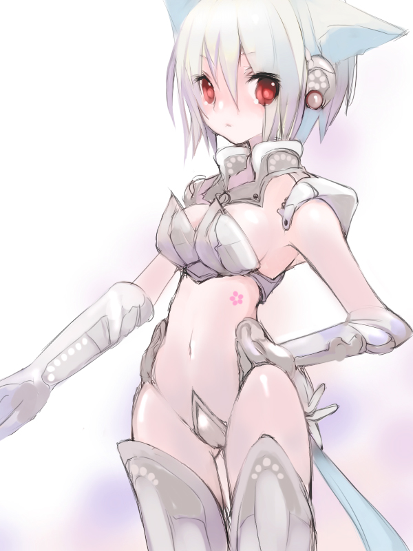 animal_ears armor armpits breasts cat_ears crotch_plate elbow_gloves fantasy gloves hand_on_hip large_breasts midriff original red_eyes revealing_clothes saibashi short_hair solo tail tattoo thigh_gap thighhighs white_hair
