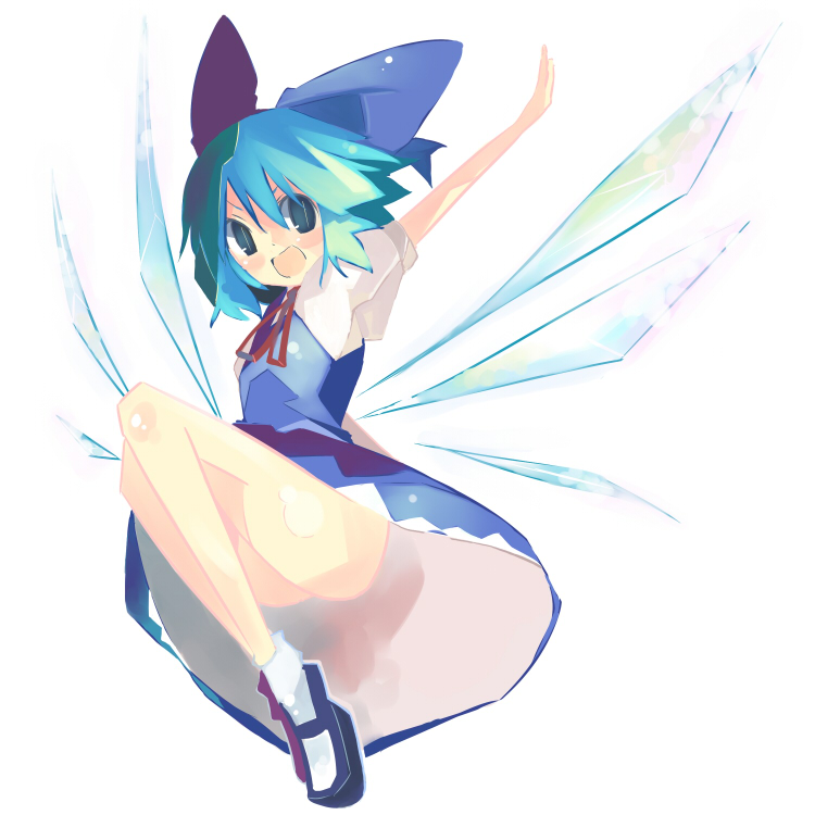&gt;:) :d aqua_hair blue_dress blue_eyes blue_hair bow cirno dress full_body hair_bow jumping kanikama mary_janes open_mouth outstretched_arms shoes short_hair simple_background smile solo spread_arms touhou upskirt v-shaped_eyebrows wings