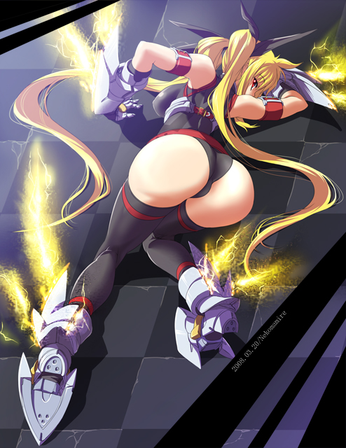 ass blonde_hair fate_testarossa kneepits long_hair lyrical_nanoha mahou_shoujo_lyrical_nanoha_strikers nekomamire red_eyes solo thighhighs twintails