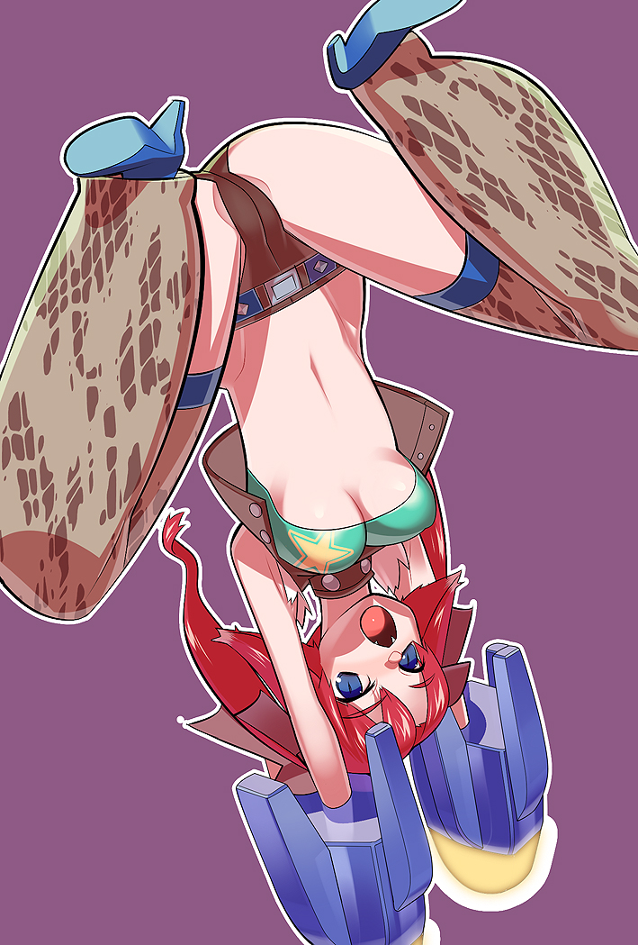 :o animal_ears attack bad_id bad_pixiv_id belt blue_eyes breasts chaps crop_top cropped_jacket energy_weapon fangs hair_ribbon high_heels jumping large_breasts looking_down midriff navel no_hat no_headwear phantasy_star phantasy_star_universe purple_background red_hair revealing_clothes ribbon shoes short_shorts shorts simple_background solo strapless tensugi_takashi thighhighs tubetop twintails underboob upside-down v-shaped_eyebrows western