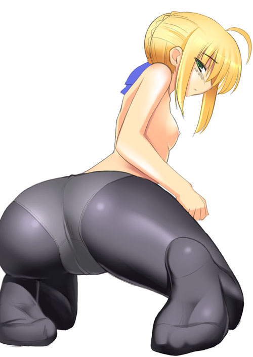 ahoge artoria_pendragon_(all) ass bent_over black_legwear fate/stay_night fate_(series) feet flat_chest green_eyes looking_back namonashi panties panties_under_pantyhose pantyhose saber shiny shiny_clothes simple_background soles solo topless underwear