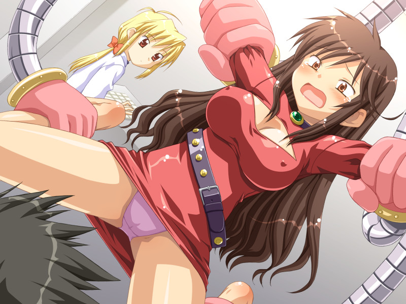 2girls bdsm belt black_hair blonde_hair blush bondage bound breasts brown_eyes brown_hair cleavage cleavage_cutout covered_nipples dress dutch_angle game_cg ibusuki_kinu kannazuki_genshi kinosaki_yuu labcoat large_breasts long_hair multiple_girls open_mouth panties pink_eyes ponytail purple_panties red_eyes sex_machine spread_legs tears trouble_trap_laboratory underwear upskirt