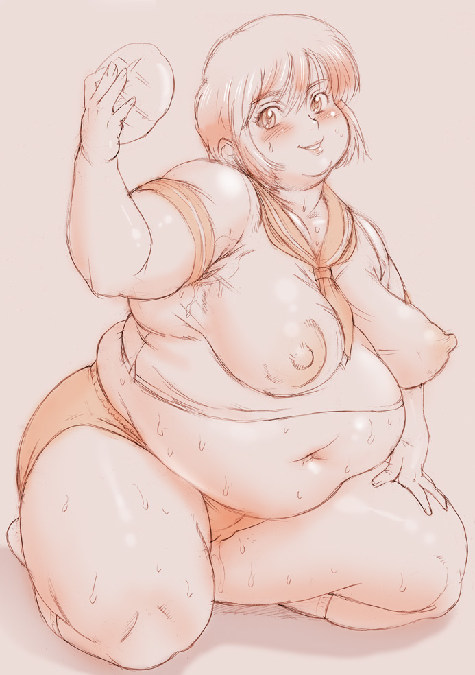 armpits belly bread breasts copyright_request fat food impossible_clothes impossible_shirt kakugari_kyoudai kneeling large_breasts midriff nipples obese shirt short_hair solo sweat