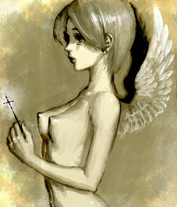angel bad_id bad_pixiv_id breasts copyright_request cross kawamura_(pixiv11084) latin_cross medium_breasts monochrome short_hair solo wings