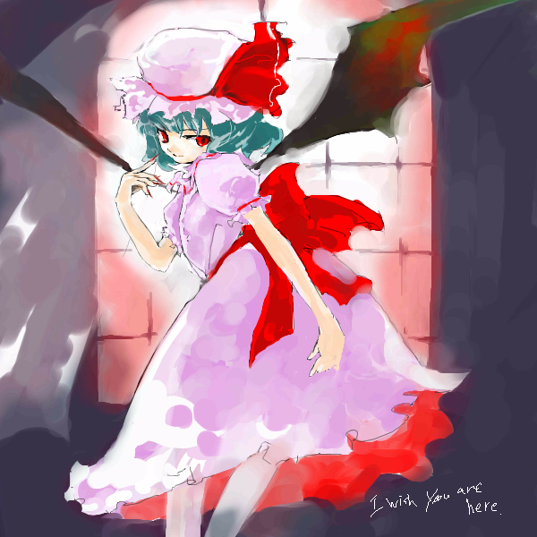 bent_over engrish hat leaning_forward looking_back pink_hat ranguage remilia_scarlet shunsei_(muratou) solo touhou wings