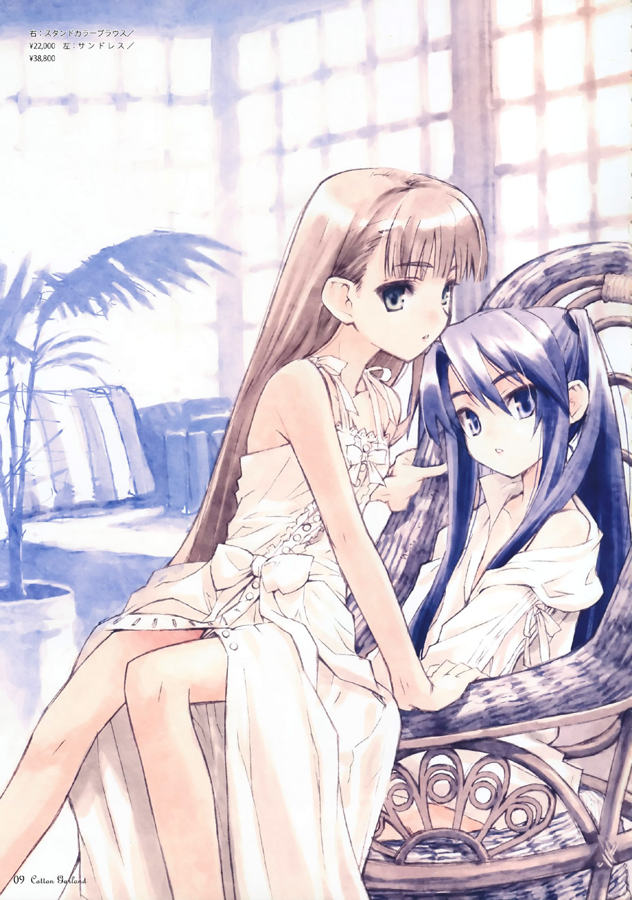 arm_support armchair bangs bare_shoulders blouse blue_eyes blue_hair bow brown_hair chair copyright_request dress flat_chest hair_over_shoulder highres indoors konoe_ototsugu legs long_dress long_hair long_sleeves looking_at_viewer multiple_girls off_shoulder parted_lips partially_unbuttoned pillow plant potted_plant scan sitting sitting_sideways sleeveless sleeveless_dress straight_hair striped sundress twintails very_long_hair white_bow white_dress window yen_sign