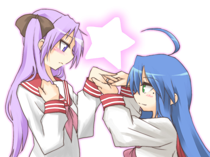 ahoge bad_hands bangs black_ribbon blue_hair blush breasts closed_mouth green_eyes hair_ribbon hand_on_own_chest hands_up hane_(hanegoya) hiiragi_kagami holding_hand izumi_konata jewelry long_hair long_sleeves looking_at_hand lucky_star mole mole_under_eye multiple_girls neckerchief pink_neckwear profile purple_eyes purple_hair putting_on_jewelry red_sailor_collar ribbon ring ryouou_school_uniform sailor_collar school_uniform serafuku small_breasts smile upper_body wedding_band white_background