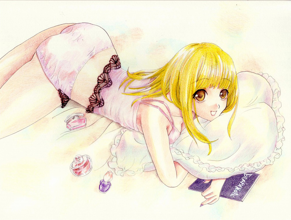 amane_misa bad_id bad_pixiv_id death_note death_note_(object) kurotani-tasuke lingerie lying solo underwear